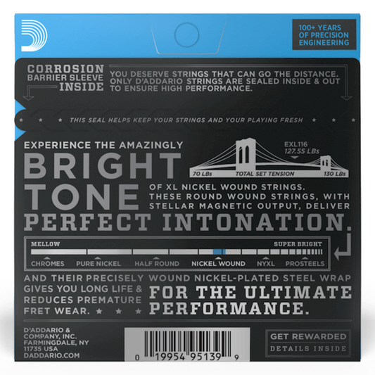 D'addario EXL116 XL Cuerdas para Guitarra Electrica calibre 11 - 52 Medium Top / Heavy Bottom